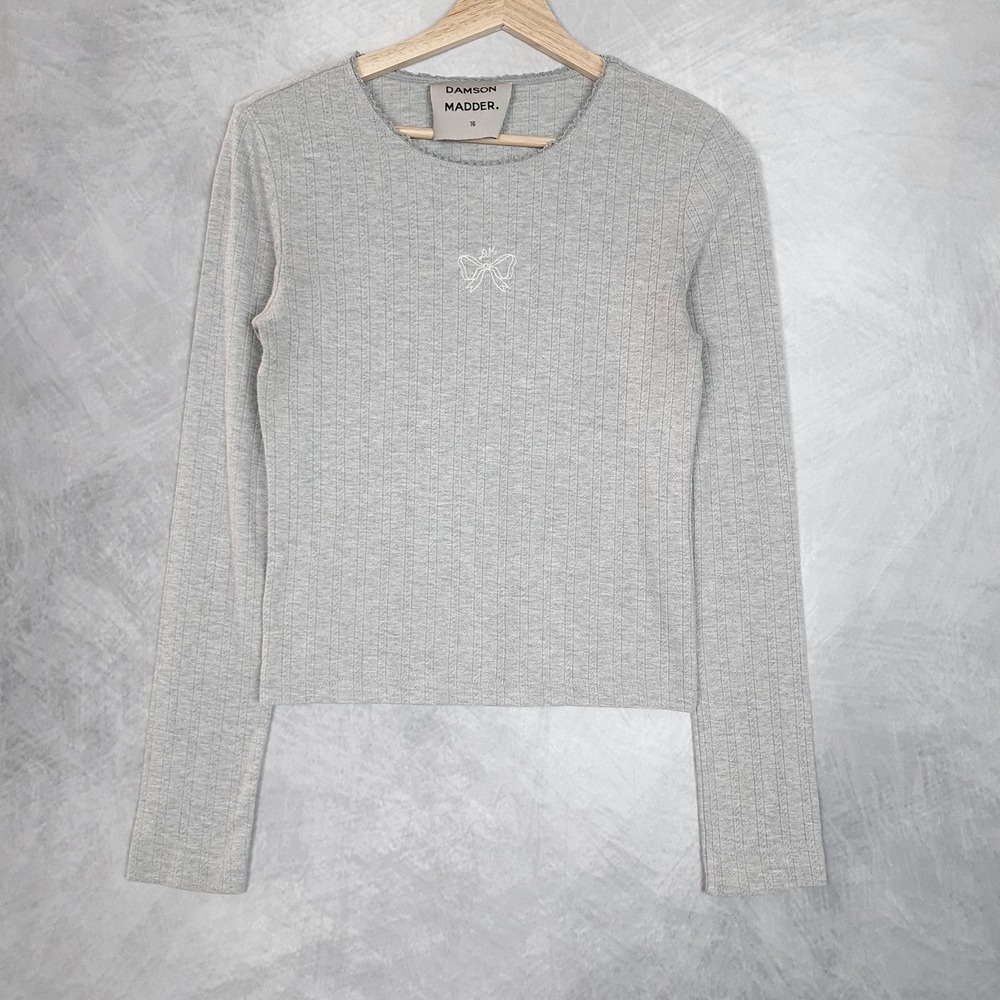 Damson Madder Top Womens UK 16 US 12 Gray Pointelle Bow Embroidered Long Sleeve